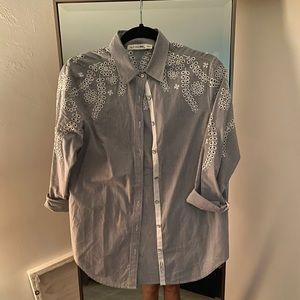 Black and white pin stripped button down blouse
